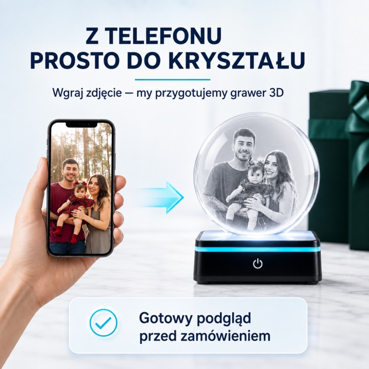 Kula 3D — zdjęcie z telefonu przeniesione do kryształu
