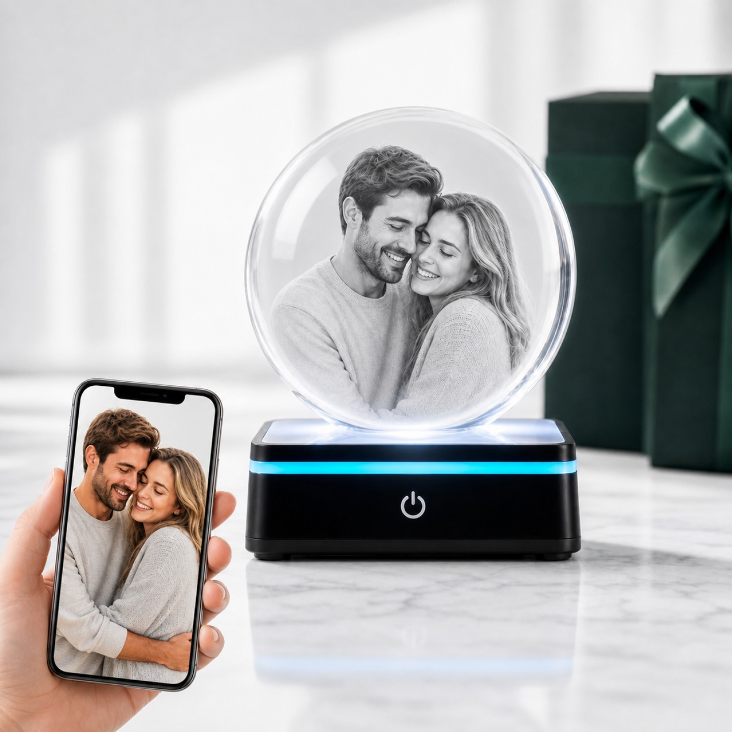 Personalizowany kryształ 3D z drewnianą podstawą LED