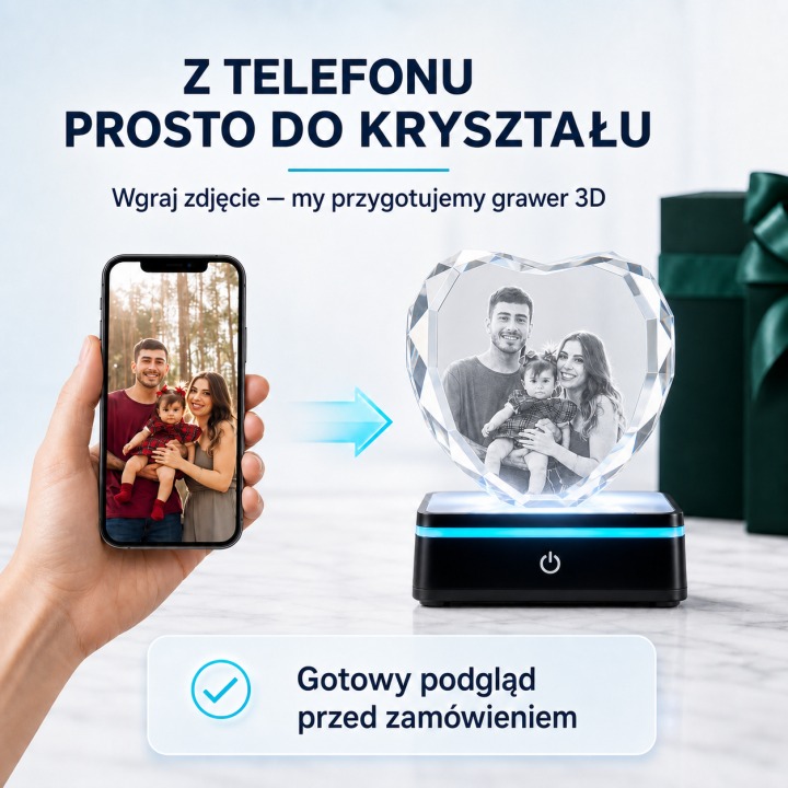 Serce 3D — zdjęcie z telefonu przeniesione do kryształu