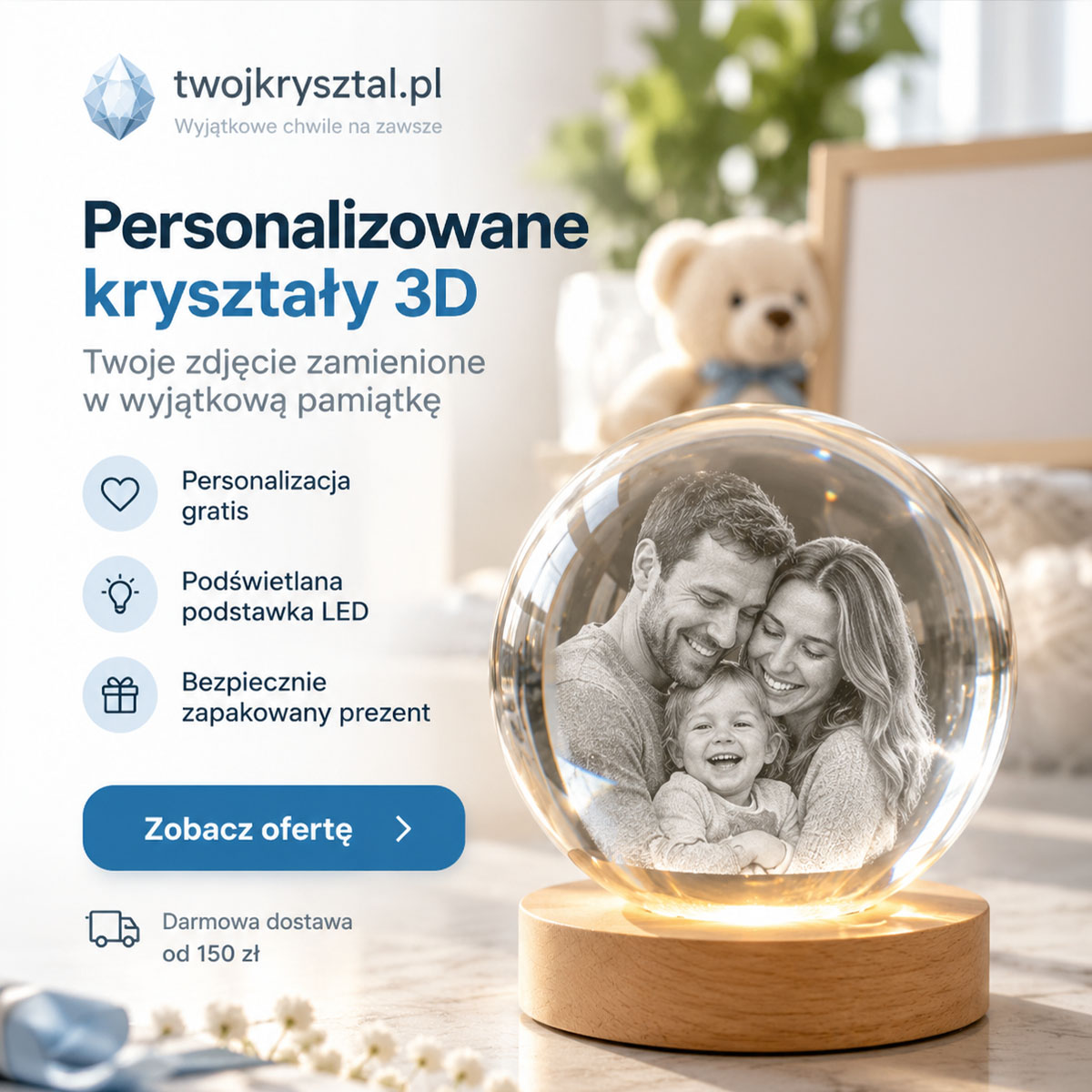 Personalizowany kryształ 3D ze zdjęciem — podświetlana kula LED