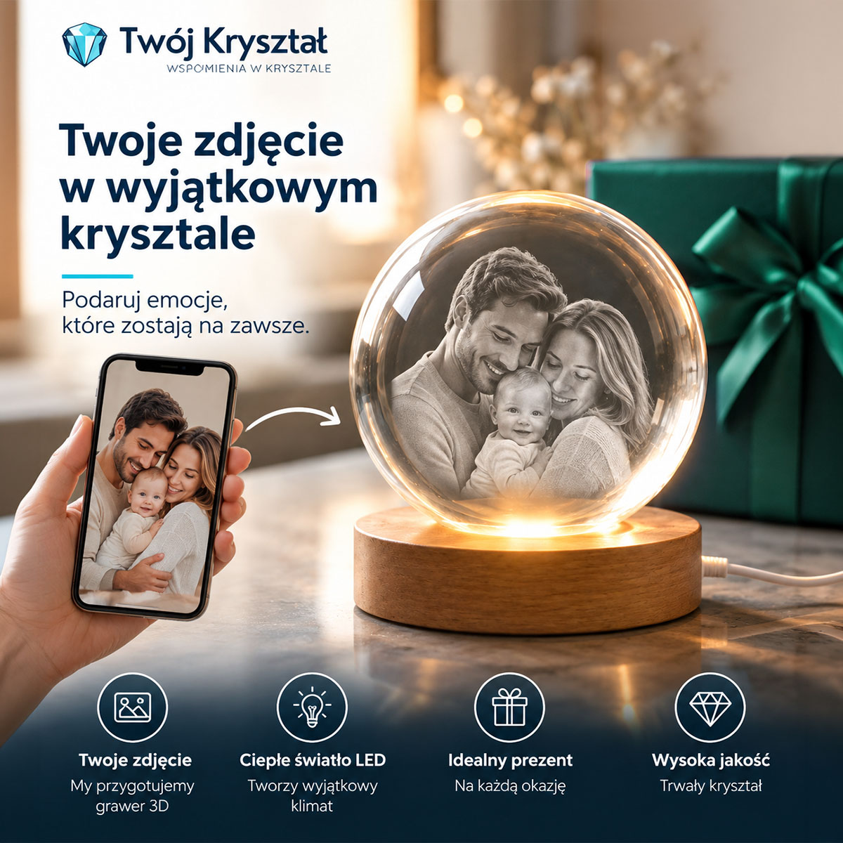 Rodzinne zdjęcie w wyjątkowym krysztale na podstawce LED